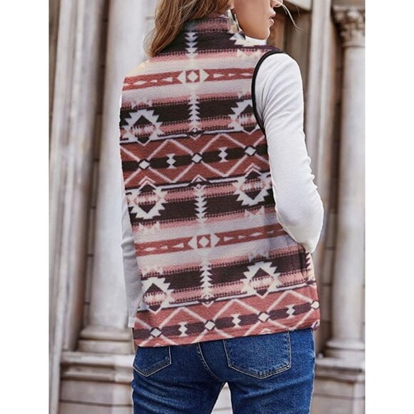 Pink Tribal Aztec Print Faux Sherpa Fur‎ Zip Up Sleeveless Vest Cardigan Sweater - Picture 3 of 7